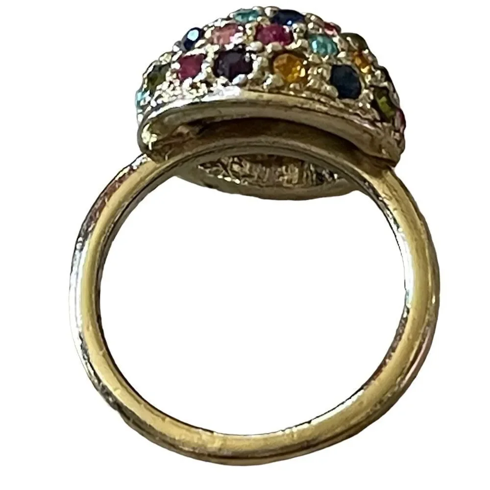 NWOT gold tone round multi colour rhinestone ring US size 6.5